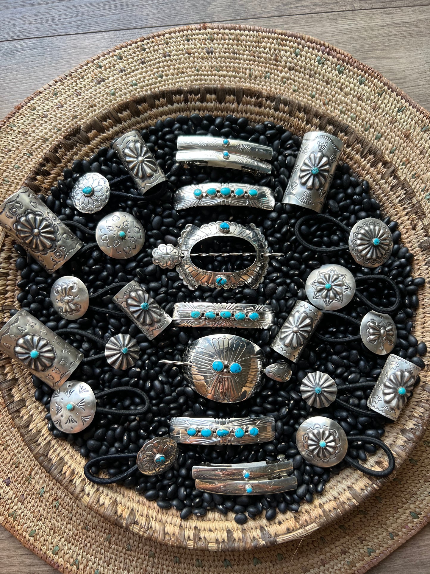 Large Sterling silver Concho hair tie with turquoise