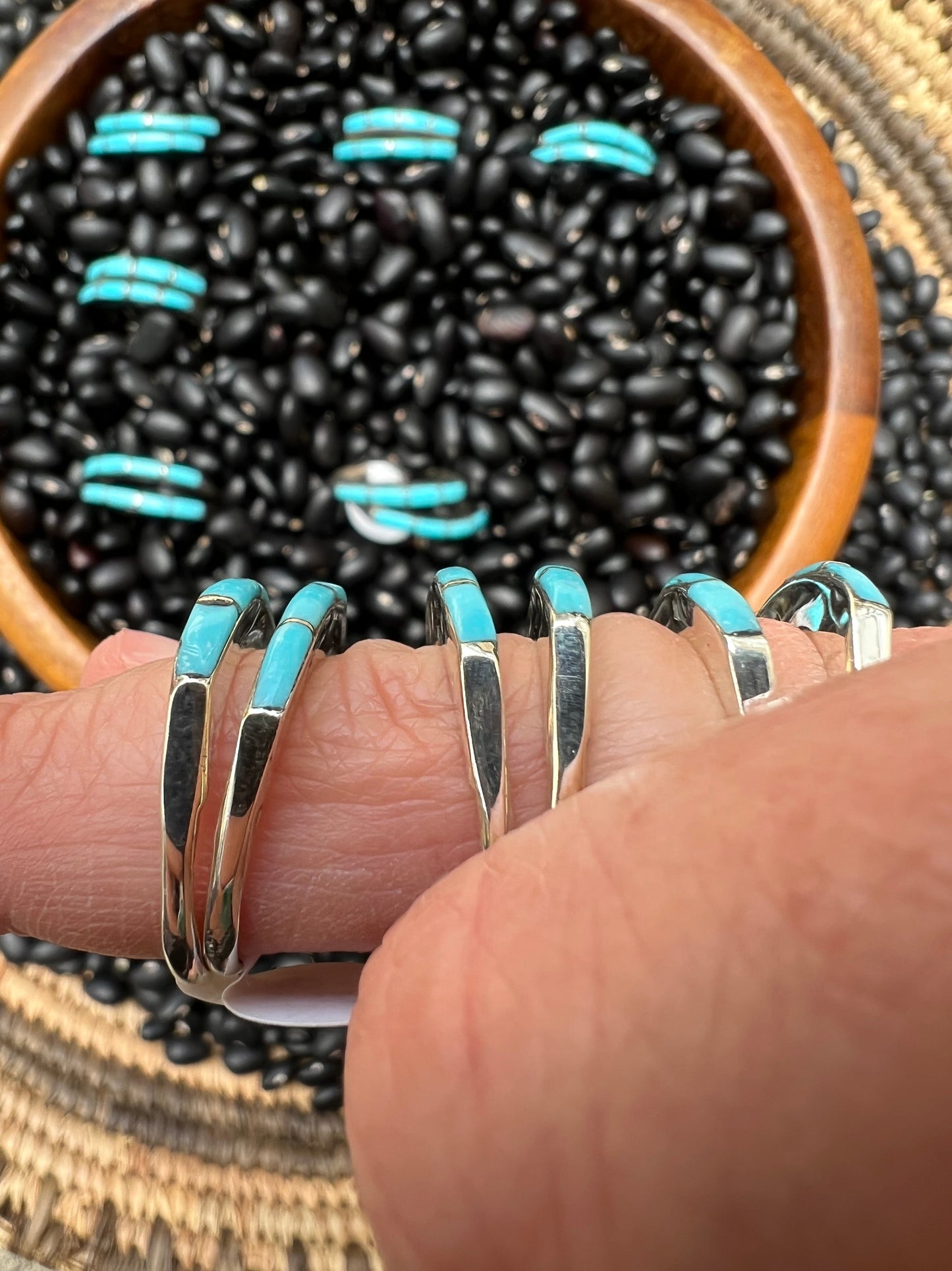 Inlaid turquoise wedding stacker rings