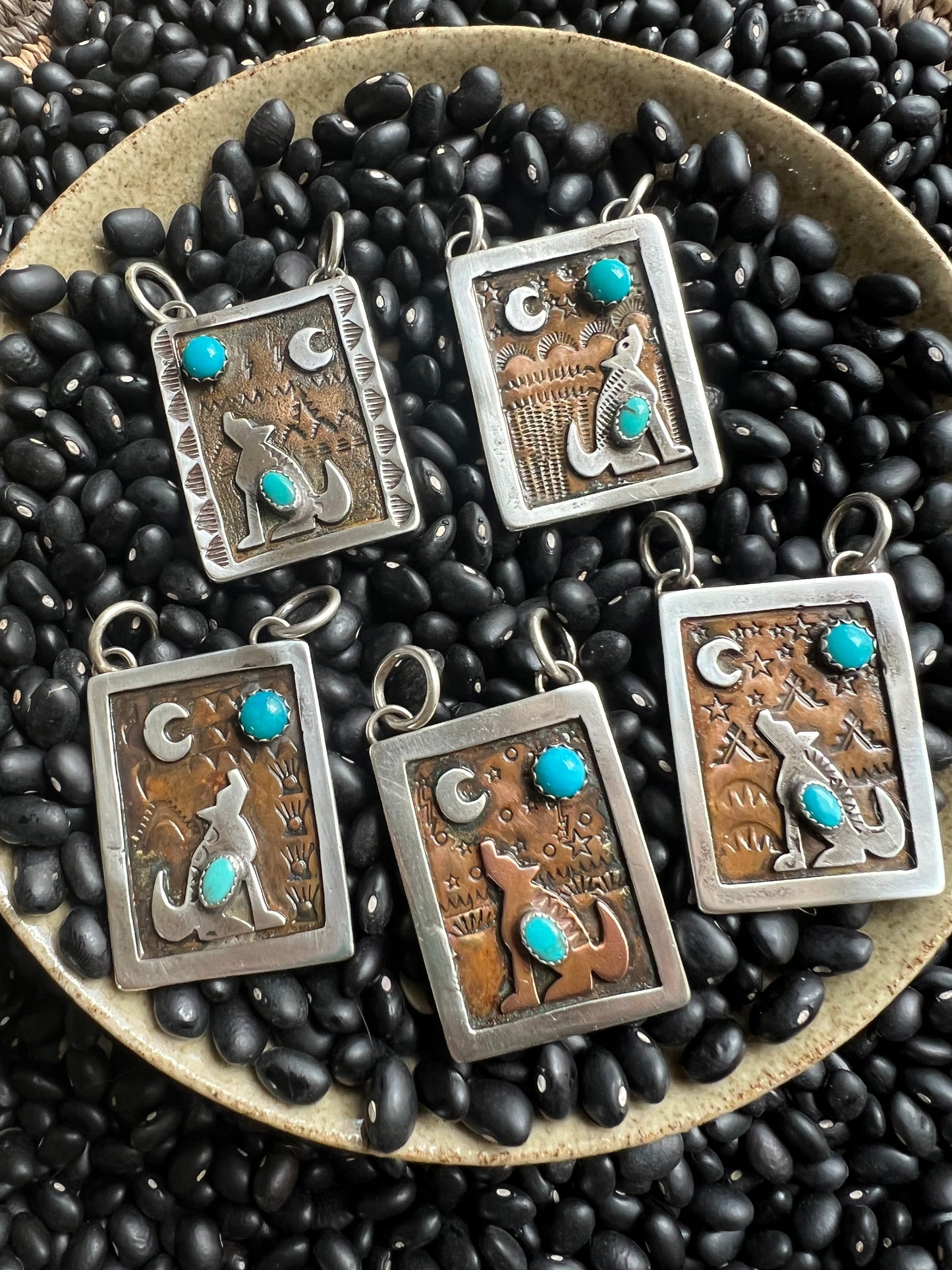 Hand Stamped Armadillo Cactus and Coyote Pendants