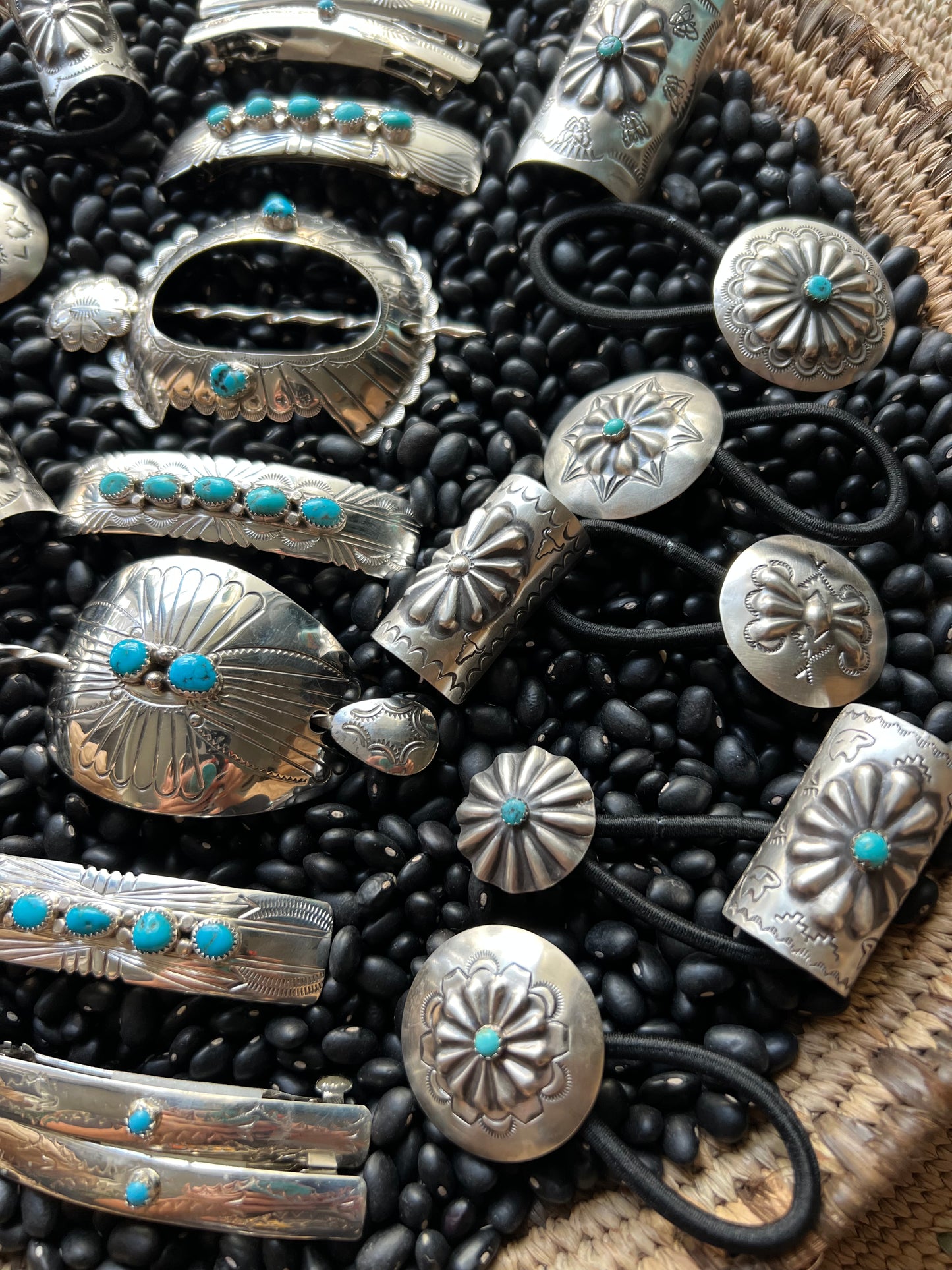 Sterling silver scallop Concho hair tie with turquoise
