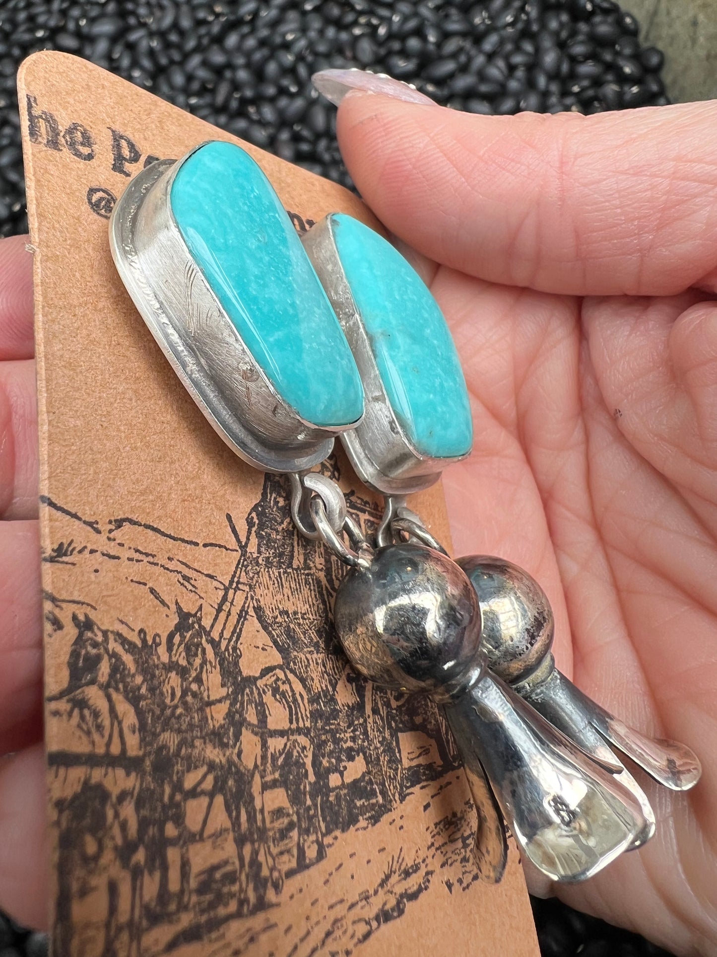 Large Turquoise earrings with squash blossom pendant dangles