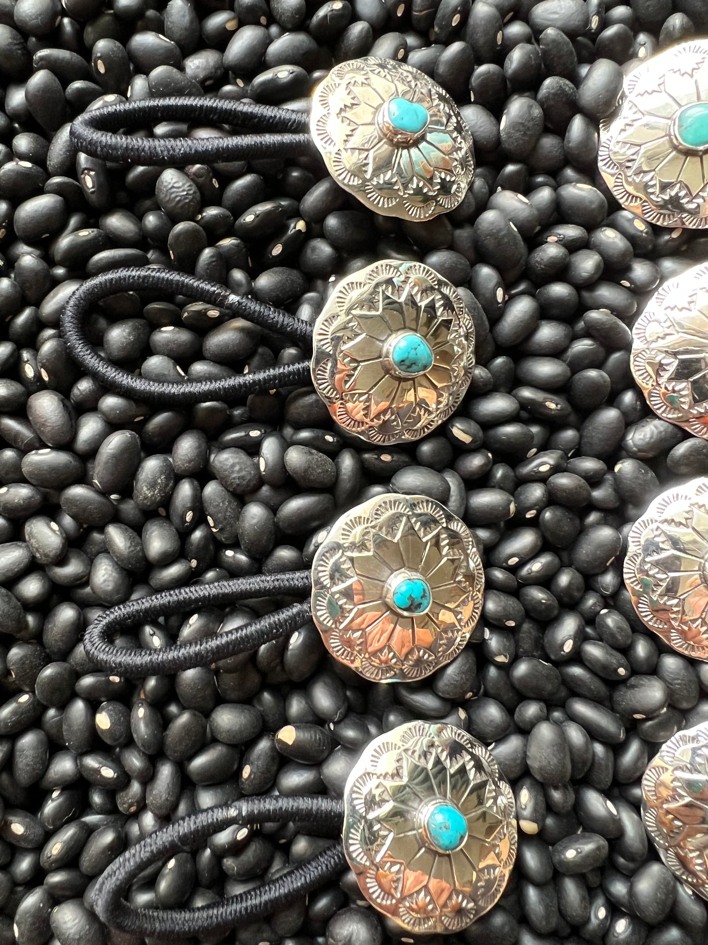 silver sterling Concho hair tie with turquoise