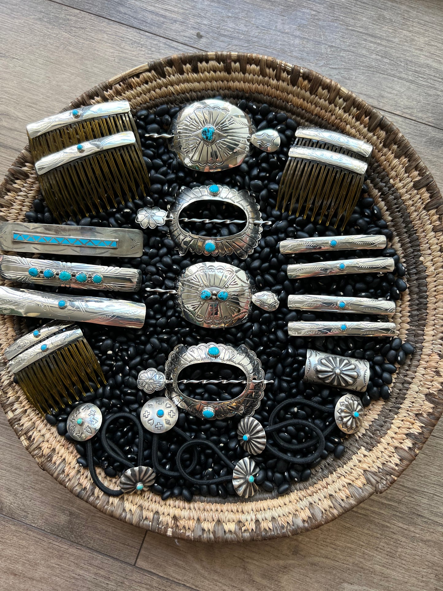Sterling silver stamped hair combs with turquoise