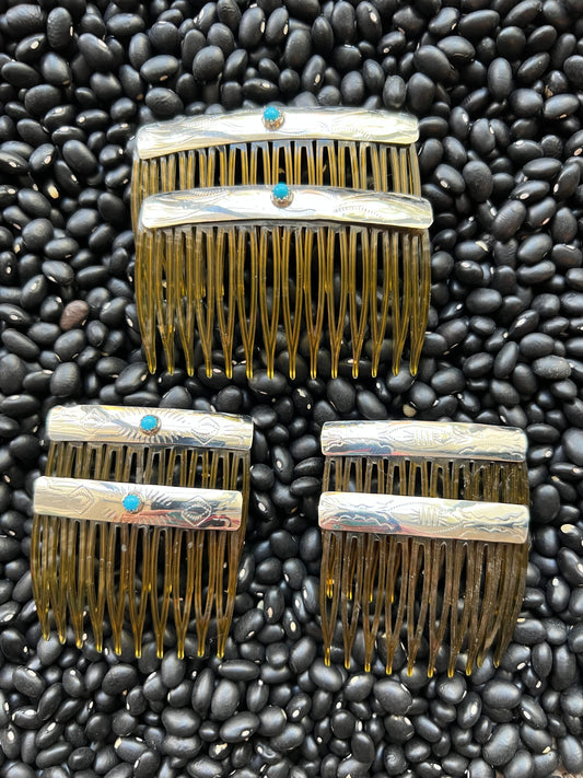 Sterling silver stamped hair combs with turquoise